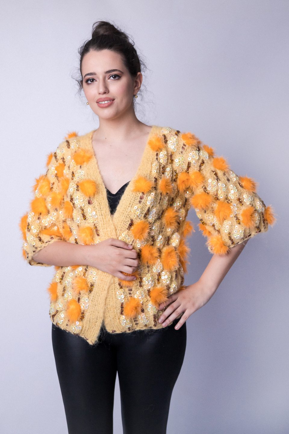 Fashionable Yelloange Jacket – Yellow hand knit jacket accessorised