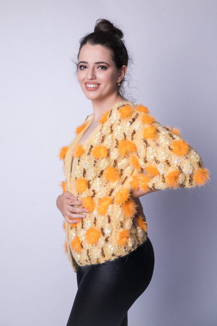 Fashionable Yelloange Jacket – Yellow hand knit jacket accessorised