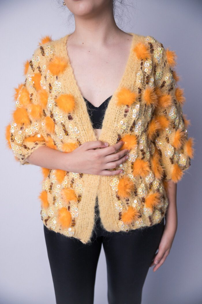 Fashionable Yelloange Jacket – Yellow hand knit jacket accessorised