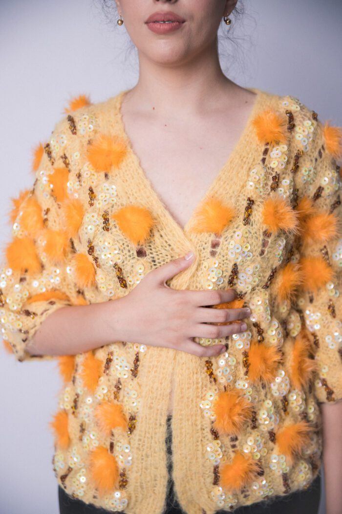 Fashionable Yelloange Jacket – Yellow hand knit jacket accessorised