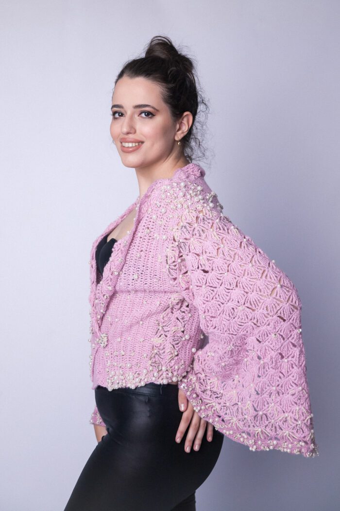 Pink Shell Cardigan Crocheted Accessorised