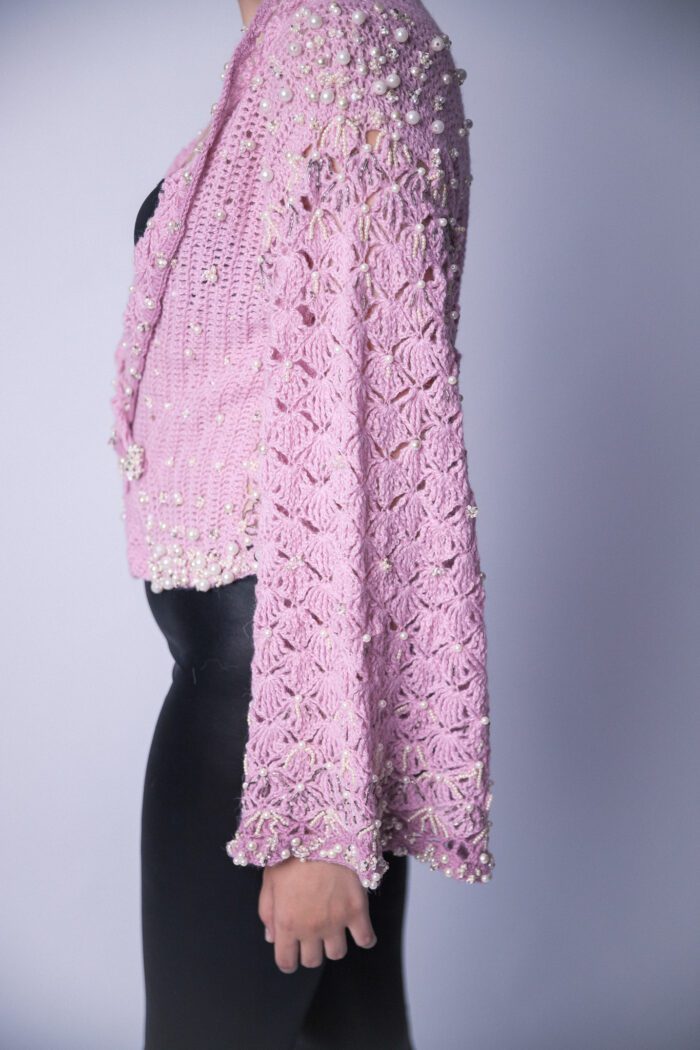 Pink Shell Cardigan Crocheted Accessorised