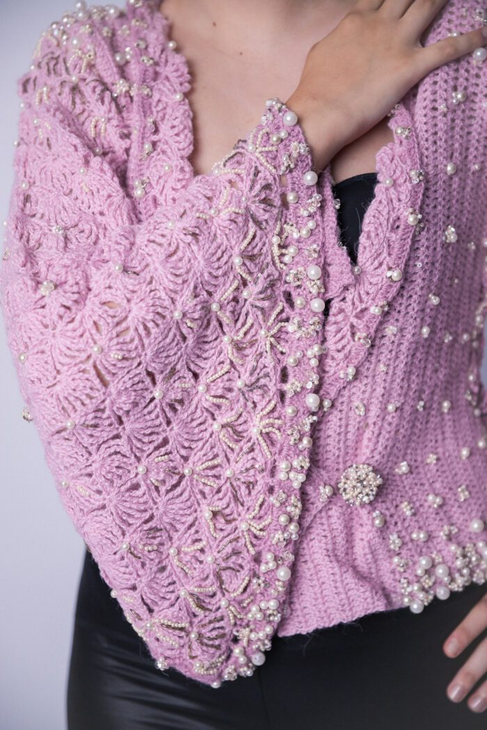 Pink Shell Cardigan Crocheted Accessorised