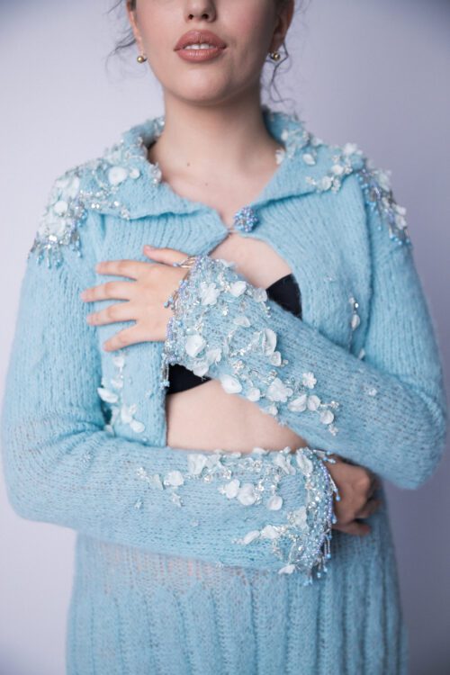 Blue Alpaca Hand Knitted Cardigan