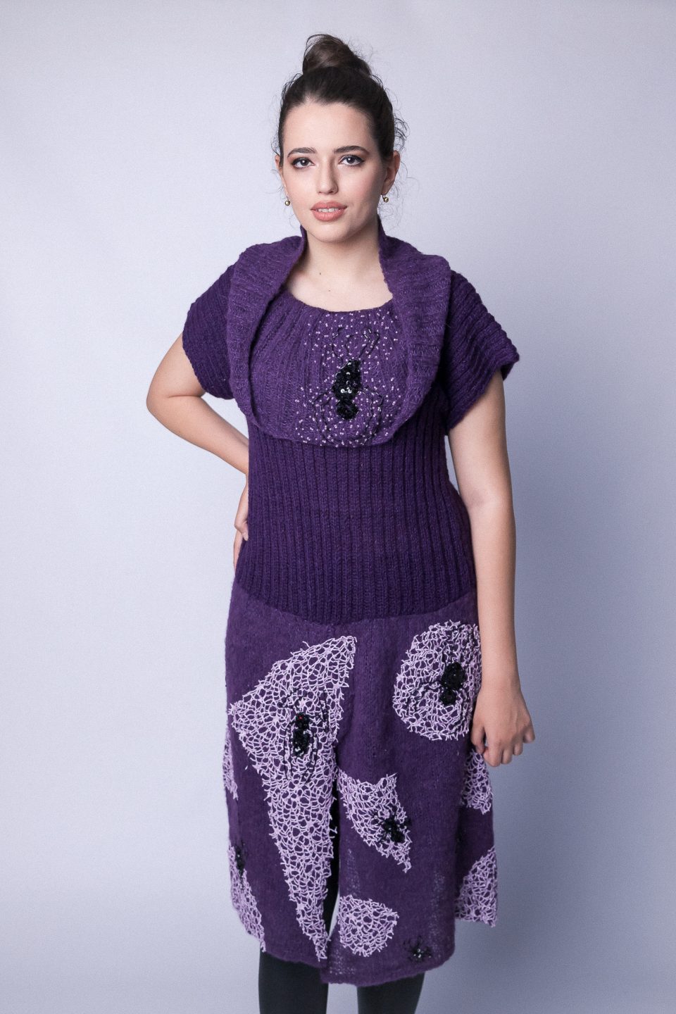 SpiderWeb Hand knitted wool purple dress, accessorized