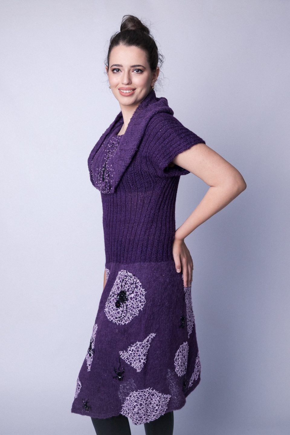 SpiderWeb Hand knitted wool purple dress, accessorized