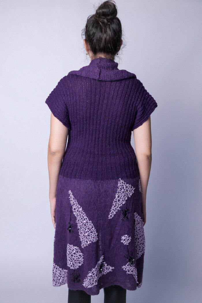 SpiderWeb Hand knitted wool purple dress, accessorized