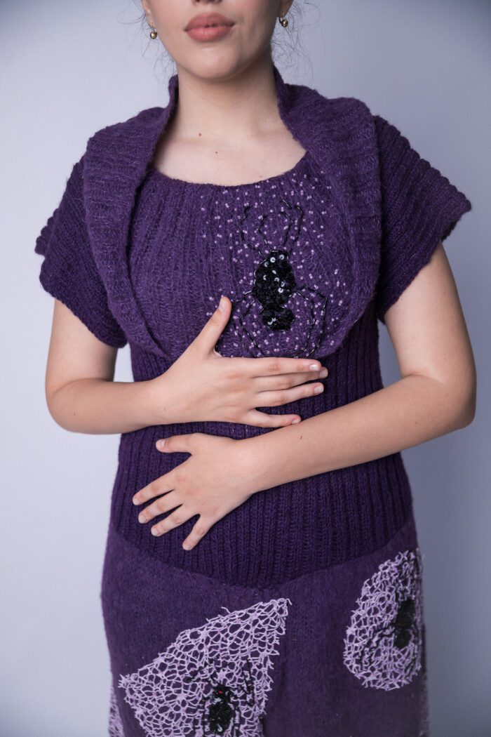 SpiderWeb Hand knitted wool purple dress, accessorized