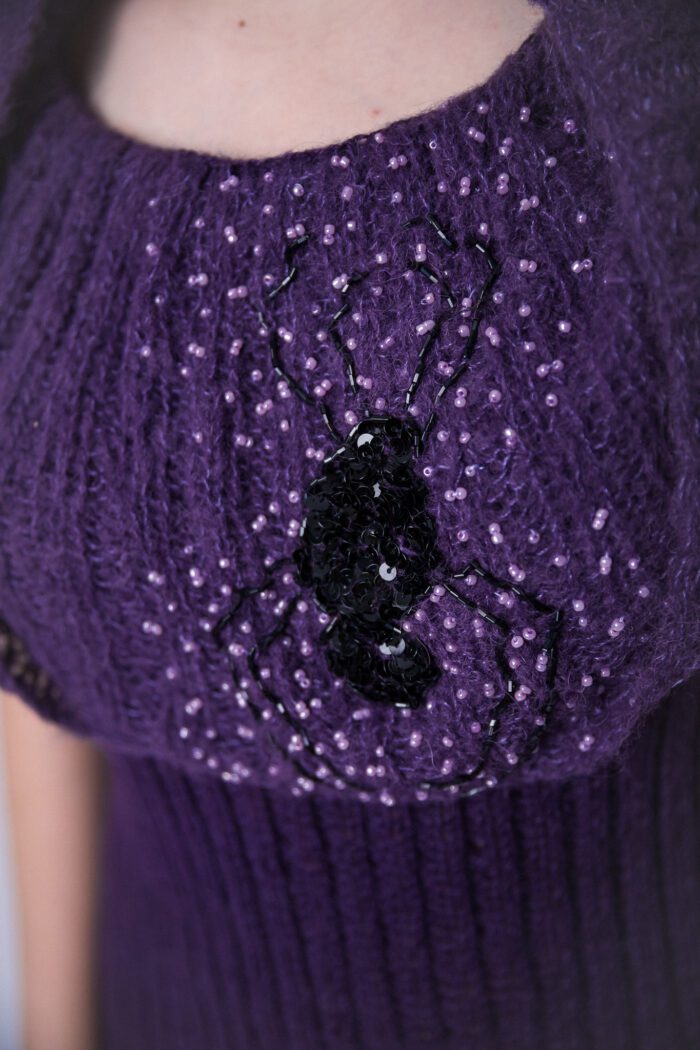 SpiderWeb Hand knitted wool purple dress, accessorized