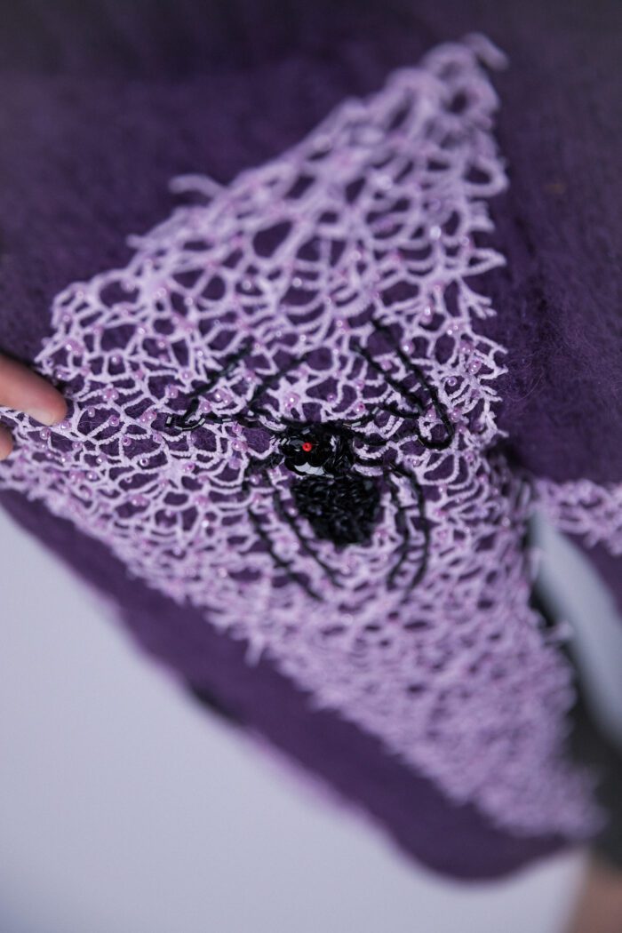 SpiderWeb Hand knitted wool purple dress, accessorized