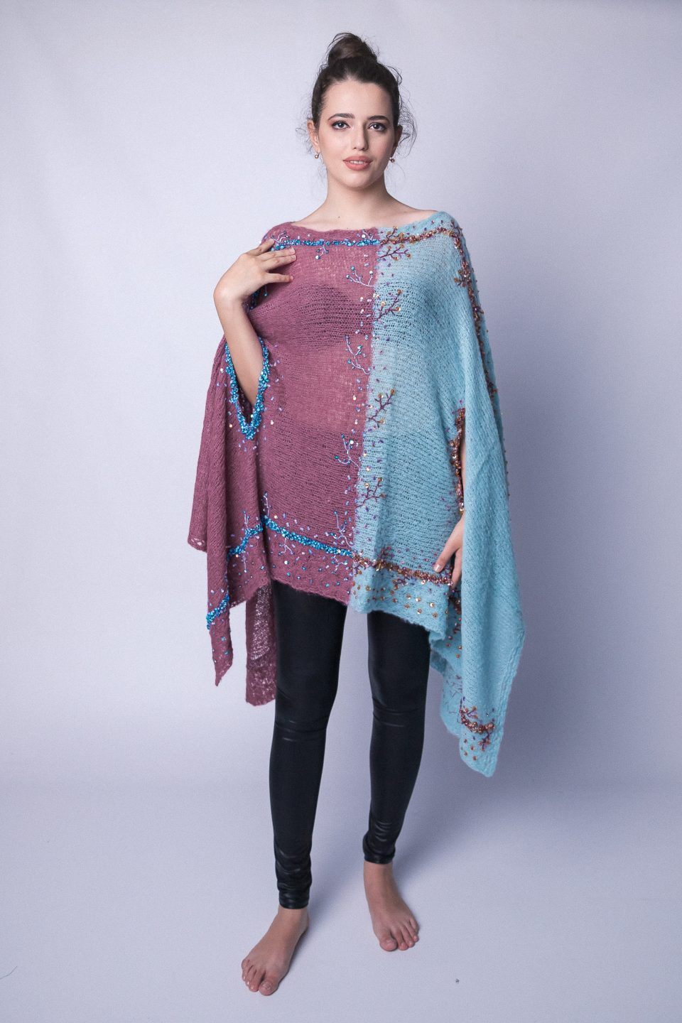 Shidare Hand knitted poncho accessorized