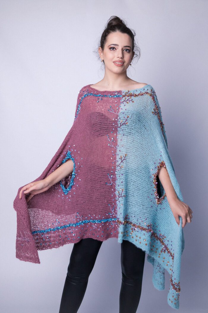 Shidare Hand knitted poncho accessorized