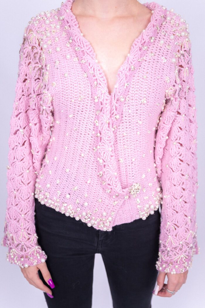 Pink Shell Cardigan Crocheted Accessorised