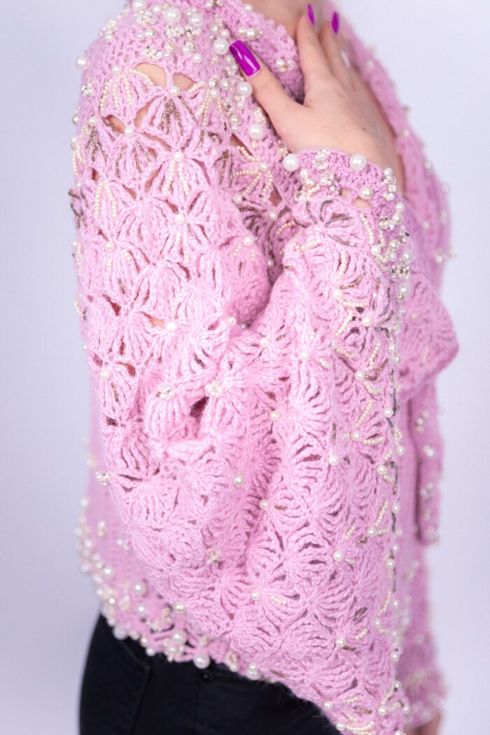 Pink Shell Cardigan Crocheted Accessorised