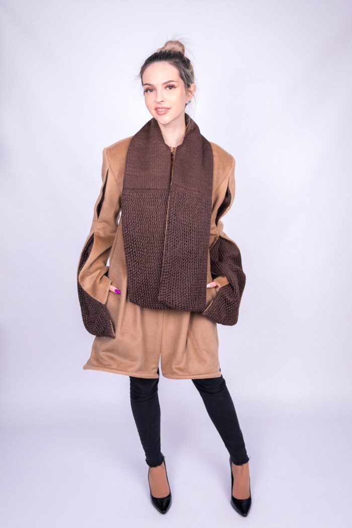 Beige Coat with Brown Scarf