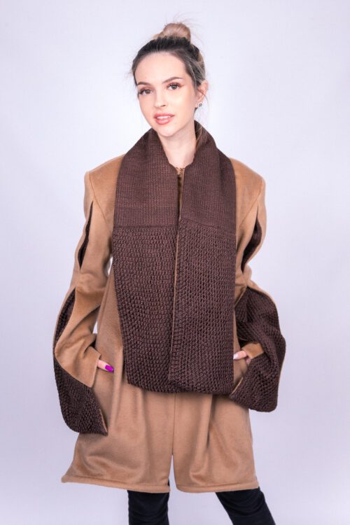 Beige Coat with Brown Scarf