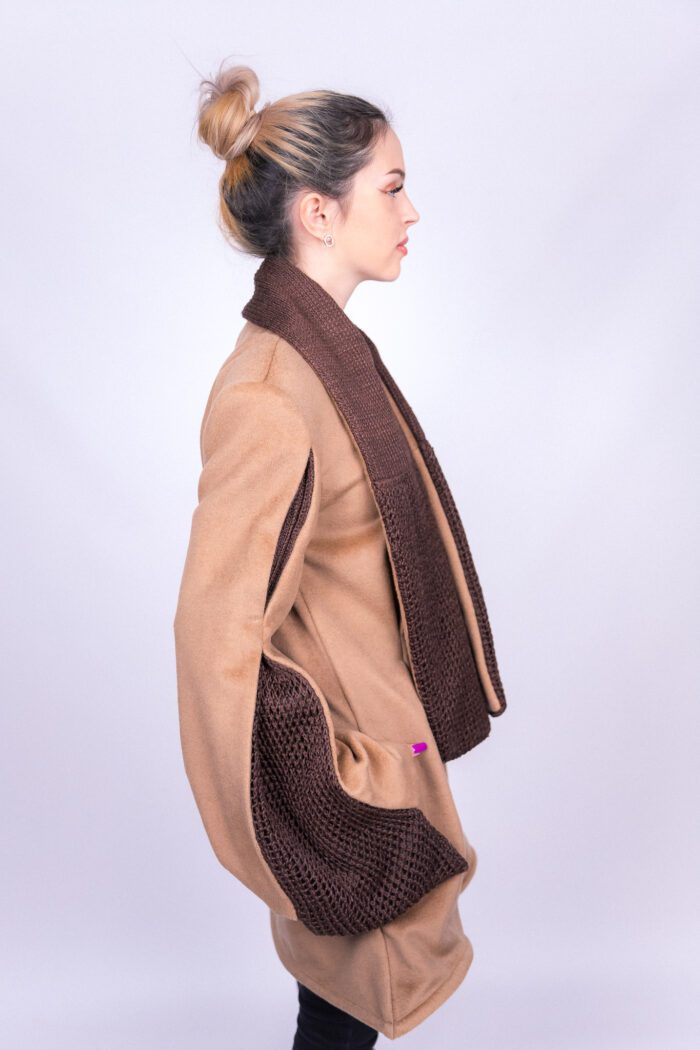 Beige Coat with Brown Scarf