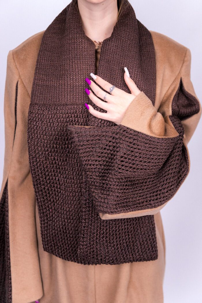 Beige Coat with Brown Scarf